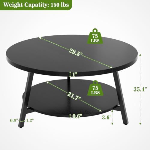 Image of Armocity 29.5 inch Round Wood Coffee Table with 2-Tier Storage, 1 inch Thick Top
