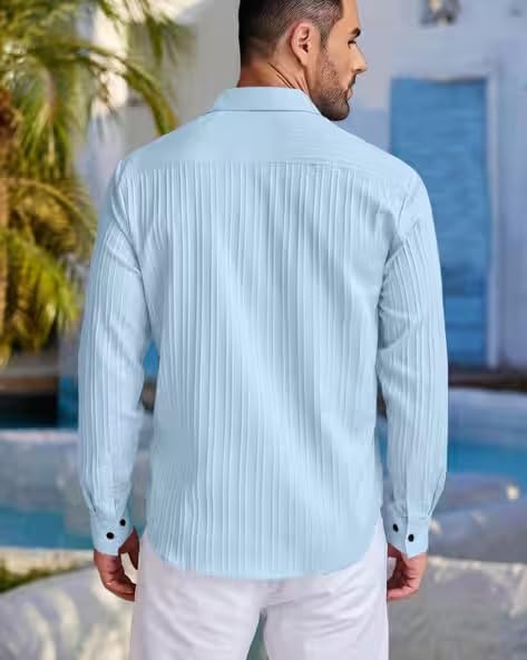 Image of DEELMO Combo of Men's Casual Button Down Shirts Long Sleeve Linen Shirt Fashion Textured Summer Shirts Pack of 2