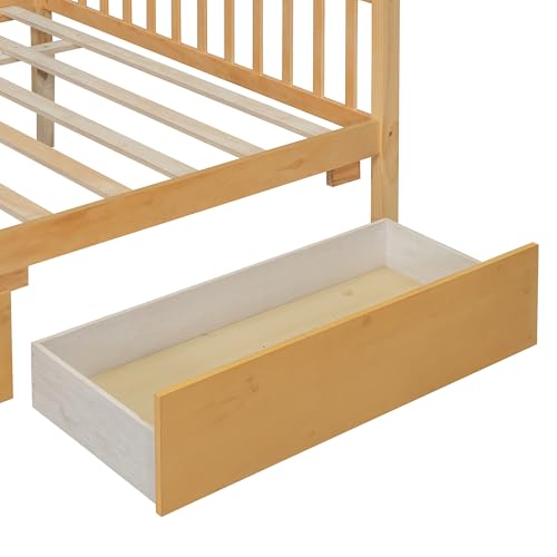 Image of Full Size House Platform Bed with Roof and 2 Drawers, Solid Wood House Daybed Frame with Headboard and Slat Support for Kids Teens Girls Boys Bedroom, Can Be Decorated (Natural-03, Full)