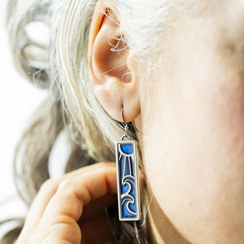 DANFORTH - Wavesong Blue Dangle Wire Earrings, Sun & Waves Hand Painted Pewter Ear Jewelry for Women, 7/16” Wide and 1 ½” Tall Plus French Wires, Made in USA by DANFORTH - Used condition - Image 2