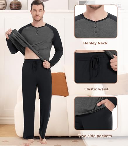 Image of NACHILA Mens Pajamas Set Viscose Made from Bamboo Henley Top Sleep Pants | Henley Top,Soft pants,Tagless Comfort,Moisture Wicking,Ultra silky, All season Loungewear Set, Jogger Sweatpant,Match set