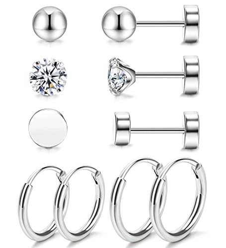 Staligue 5 Pairs Titanium Earrings - Dot Ball Cubic Zirconia 20 Gauge Pure Titanium Stud Hoop Earrings Set - Flat Back for Women
