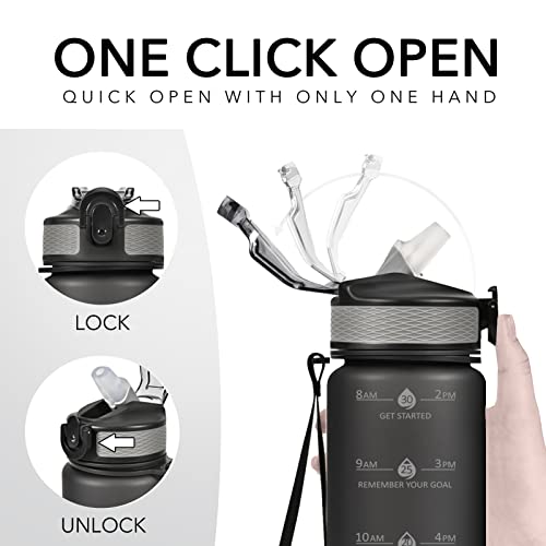 Image of Hyeta Plastic Water Bottle With Straw & Time Marker, 32oz Leakproof Jug | Motivational Tritan BPA Free Gym Office Outdoor Intake Tracker Hourly Reminder Straw Lid Lightweight