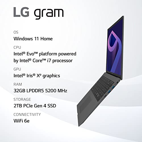Image of LG gram (2022) 17Z90Q Ultra Lightweight Laptop, 17 inch (2560 x 1600) IPS Display, Intel Evo 12th Gen i7 1260P Processor, 32GB LPDDR5, 2TB NVMe SSD, FHD Webcam, WiFi 6E, Thunderbolt 4, Windows 11, Gray