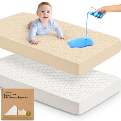 Image of 2-Pack Waterproof Crib Mattress Protector Cover Fitted - Quiet Baby Crib Mattress Pad Sheets, 52 inch x 28 inch Soft Quilted Cotton Baby Sheet, Machine Washable, Easy Fit, Durable (Khaki /Mavy)