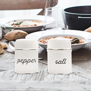 Auldhome design salt and pepper shaker set white rustic enamelware retro vintage style shaker set  urban country home decor