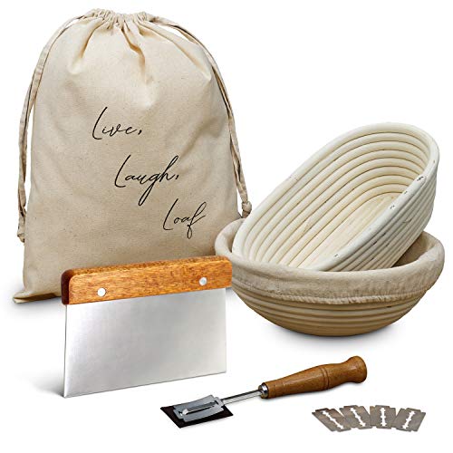 Banneton Proofing Basket Set of 2 - Bread Proofing Bowl Set - Round & Oval Bread Proofing Basket + Dough Scraper + Bread Lame w Linen Storage Bag & Proofing Basket Liner for Professional & Home Baker