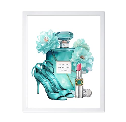 Image of Poster Master Turquoise Blue Designer Print - Fashion Poster - Shoes, Lipstick & Perfume Art - Chic Gift for Women & Fashionista - Glam Decor for Bedroom or Girl's Room - 11x14 White Framed