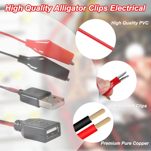 Image of 4PCS USB to Alligator Clip Adapter Cable, 24AWG 2PCS Male USB to Alligator Clip Jumper Probe, 2Pcs Female USB to Dual Copper Alligator Clip Test Leads 60cm / 1.96 ft for Testing The Circuit