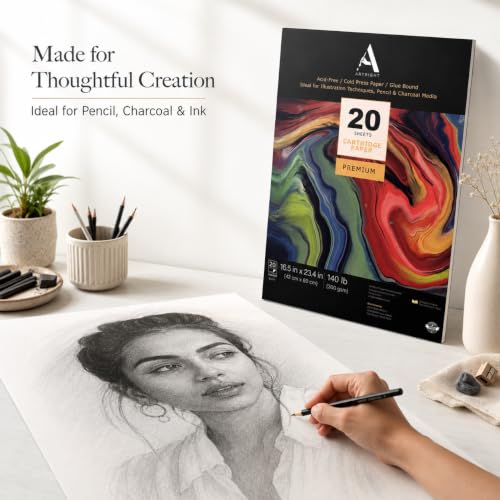 Image of ArtRight Mixed Media Cartridge Paper A2 300 GSM - 20 Drawing Sheets for Artists, Ideal for Charcoal, Graphite, Acrylic, Watercolor, Gouache, Ink, & Other Mixed Media