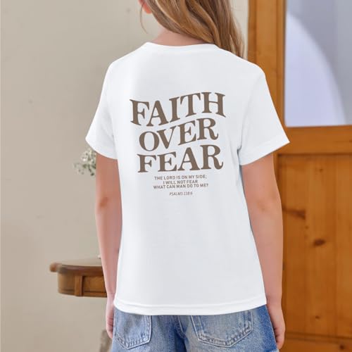 Image of Faith Over Fear Shirt Christian Jesus Tshirts for Girls Religious Inspirational Tees Bible Verse Tops for Kids 3-12