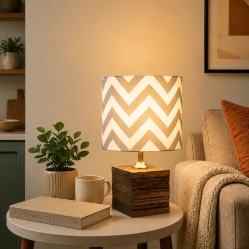 Image of tu casa Wooden Table Lamp Maze Print Fabric Shade for Home, Bedroom, Lounge
