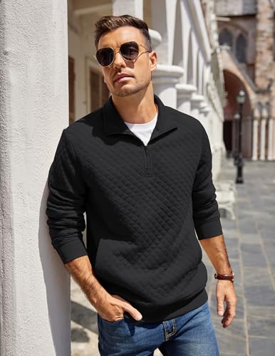 COOFANDY Mens Quarter Zip Pullover Quilted Sweatshirt Knit Long Sleeve Mock Neck Sweater Polo with Pocket A-black - Image 3