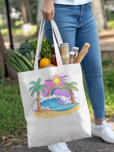Canvas Tote Bag, Cartoon Ocean Rainbow Coconut Tree patterned Canvas Tote Handbags for Women Shoulder Bag,4
