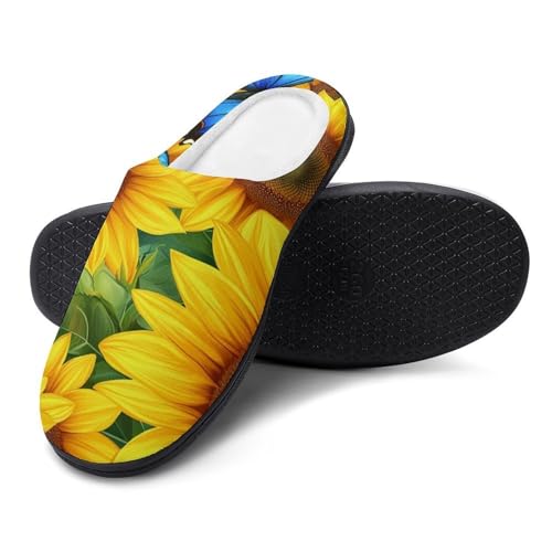 Sunflower Blue Butterfly Women's Cotton Slippers Indoor Outdoor Slip-on Warm House Shoes with Anti-Skid Rubber Sole4