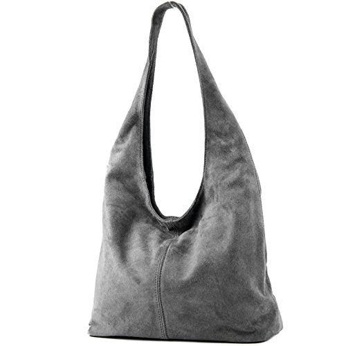 modamoda de - T150 - Sac porté épaule en cuir suède ital, Gris foncé 2021, Large