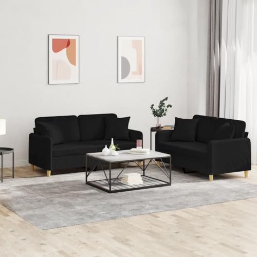 WHOPBXGAD Juego de sofás con Cojines 2 Piezas Tela Negro, cómodo y Duradero para Sala de Estar, Estructura Robusta de Madera Metal, Asientos Acolchados, Relajarse y Entretenimiento