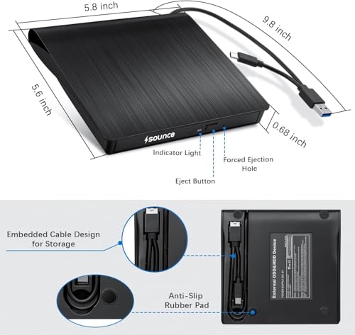 Image of Sounce External DVD Drive USB 3.0 & Type-C CD Burner, Slim Portable Optical Drive CD /DVD ROM + /-RW Rewriter Compatible with Laptop, PC, MacBook, Desktop, Notebook, Windows, Linux Mac OS - Black