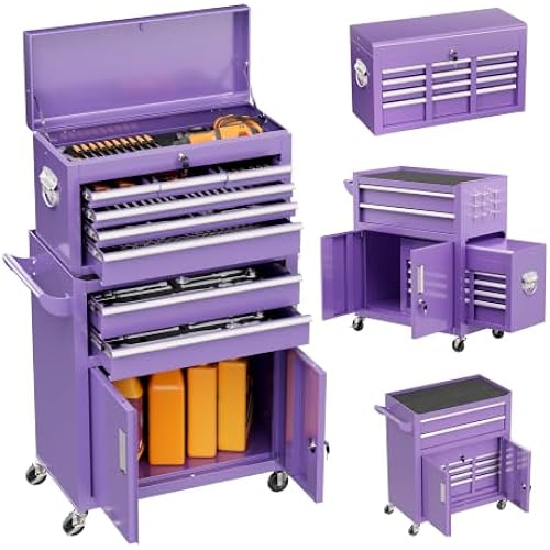 Pataku 8-Drawer Rolling Tool Chest with Wheels, 2-in-1 Detachable Tool Box Organizer, Lockable Mobile Tool Cart with Steel Cabinet & Side Rack for Garage, Workshop (Purple)