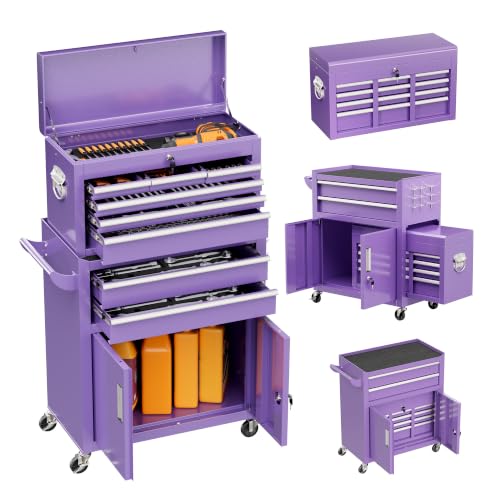 Pataku 8-Drawer Rolling Tool Chest with Wheels, 2-in-1 Detachable Tool Box Organizer, Lockable Mobile Tool Cart with Steel Cabinet & Side Rack for Garage, Workshop (Purple)