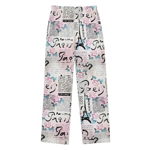 Paris Rose Floral Boys Long Pants Soft Trousers Elastic Waist Kids Lounge Bottoms with Pockets S-XL
