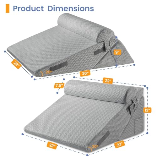 Image of Sasttie Wedge Pillow Set for After Surgery, 2PCS Adjustable Bed Wedge Pillow Headboard with Memory Foam Neck Cushion - for Acid Reflux, Sleeping, Neck & Back Support, Dark Grey