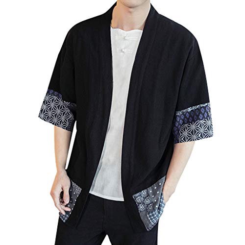 FRAUIT Herren Kimono Cardigan Japan Happi Lose Baumwolle Leinen Druck Herbst Mantel Übergangsjacke Baggy Robe Top Outwear Bluse M-5XL Cover