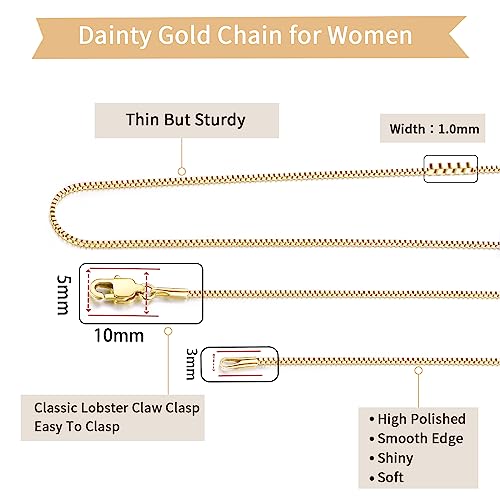 Momlovu Solid 18K Gold Over 925 Sterling Silver Chain Necklace for Women, 1MM Box Chain Hypoallergenic Replacement Necklace Chain Thin Women's Chain Necklaces 14/16/17/18/20/22/24/26 Inch4
