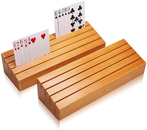 Exqline Wood Playing Card Holders Tray Racks Organizer Set of 2 for Kids Seniors Adults - 9.84In 3.1Inch Latest Version Portable Enough for Bridge Canasta UNO Card Playing