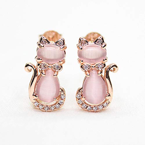 Pendientes de Plata 925 de Gato con Cuarzo Rosa y Circonitas para Mujer