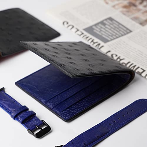 Image of HATA Black Blue Ostrich Leather Bifold Wallet for Men, Double-Sided Ostrich Billfold with RFID Blocking, Handmade Leather Wallet Gift for Birthday, Anniversary, Father's Day VINAMOS-14