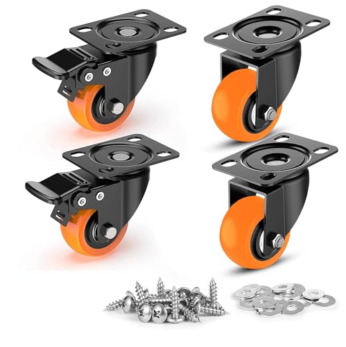 Image of 1.5 Inch Heavy-Duty PU Castor Wheels for Furniture, Swivel Caster Wheels Soft Rubber for Trolleys, Beds, Counters & Wheelchairs 300kg Load Capacity (Set of 4, 2 Brake + 2 Without Brake, Orange)