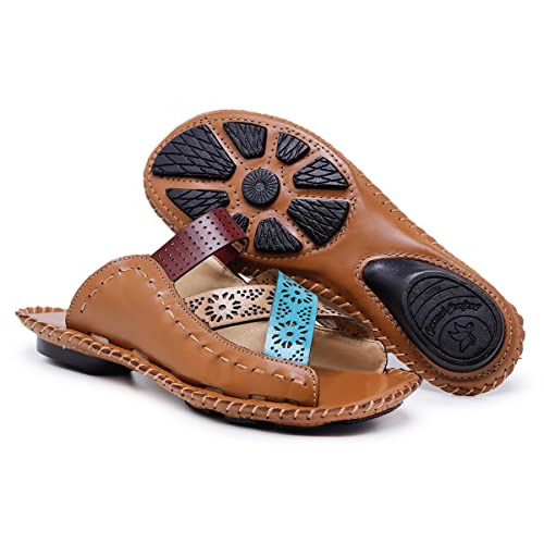 Sandália Feminina Artesanal de Couro Confortável Rasteirinha Caramelo 35