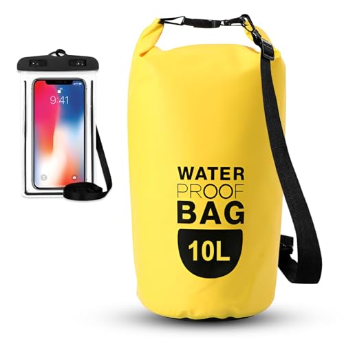 HTRTRR borsa impermeabile con tasca impermeabile per cellulare, 10L/20L opzionale, con spalla regolabile, adatta per kayak, rafting, canoa, campeggio, viaggi, nuoto (Giallo, 10L)