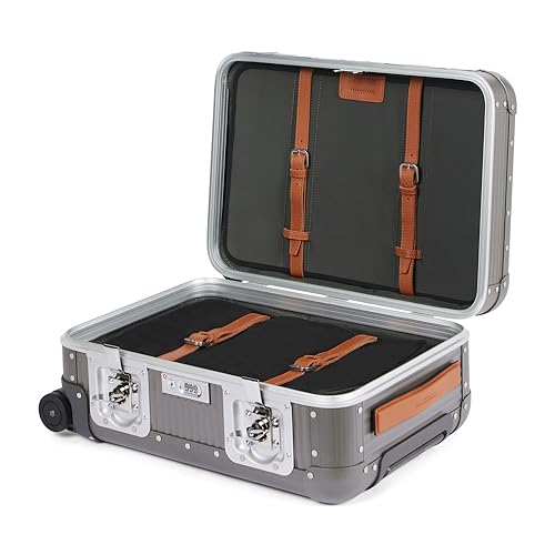 MILANO Bank 22"- Made in Italy Aluminum & Leather Carry-On Luggage - Framed Hardside Cabin Plus Suitcase with 4 Spinner Wheels - Large Carry-on Travel - Steel Grey2