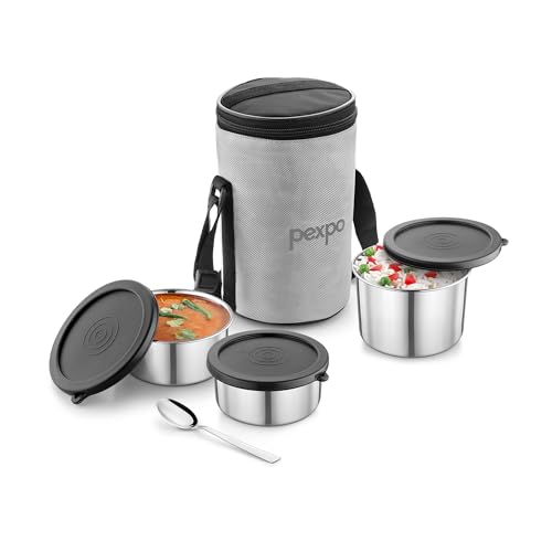 Image of Go24 pexpo Marvel-3 Stainless Steel Meal Box with 3 Containers (2 * 280ml & 430ml), 1 Spoon & Bag - Grey & Black|BPA Free Lid | Leak Proof | Lunch Box for Office Men and Women