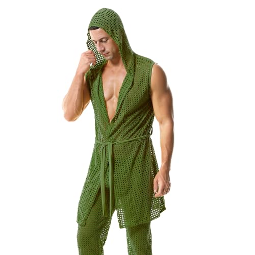 Men's Mesh Fishnet Robes Hooded Short Sleeveless Bathrobes Nightwear4