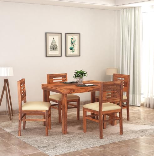 Image of SONA Art & Crafts Capsule Solid Sheesham Wood Dining Table Set of 4 Seater Dinner Dinning Table with 4 Cushioned Chair for Dining Furniture for Living Room Home Hotel Office Honey Finish (Caps-D1-4S)