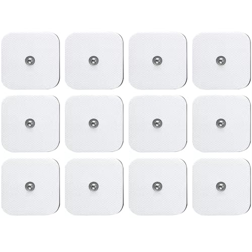 Électrodes, 50x50 mm Kit de Remplacement Universel Composé de 12 Électrodes Compatible avec Electrostimulateur TENS et EMS avec Connexion par Bouton Pression de 3,5 mm