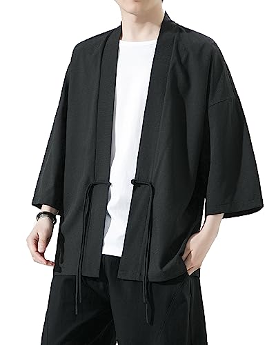 Image of Mens Kimono Cardigan Cotton Linen Japanese Shirt 3 /4 Sleeve Haori Yukata | Skin-Friendly Solid Color Lightweight Shawl Collar Kimono Robe Embroidery Button Tie Pockets Happi Coat All Season Daily Wear