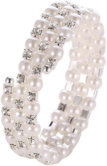 YERTTER Small Pearl 3-Row Stretch Wrap Cuff Bridals Pearl Silver Crystal Stunning Bracelet Strand Bracelet Gift for Women Brides - Image 5