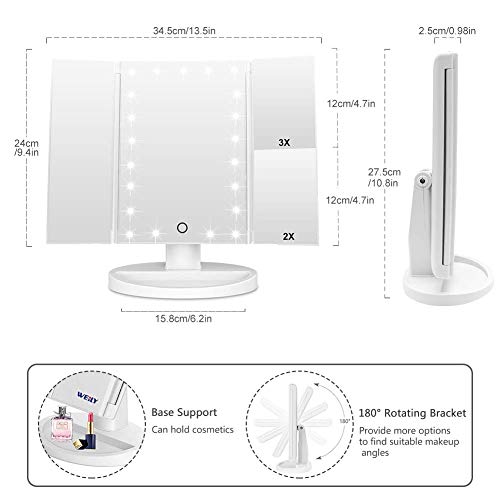 WEILY 3 Seiten Kosmetikspiegel mit 21 LED Beleuchtungen, 1X/ 2X/ 3X Vergrößerung, Touch-Schalter, dimmbar Makeup-Spiegel,180 Grad frei drehbare Tischspiegel, wiederaufladbare Schminkspiegel (Weiß)