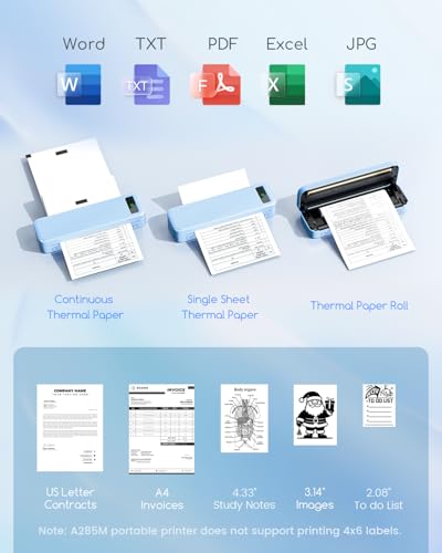 Image of Portable Printers Wireless for Travel Home, A285M Inkless Thermal Printer | Support 8.5 inch X 11 inch Thermal Paper, Bluetooth Mobile Compact Printer for Office School Receipt, Compatible with iPhone Laptop