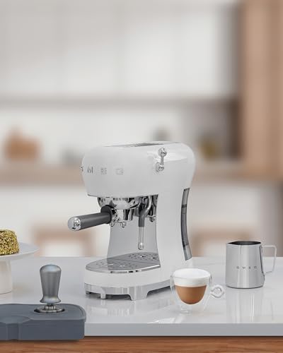 Image of Smeg ECF02 Italian Espresso Machine - Manual 15-Bar Coffee Maker, Made in Italy - Retro Design with Steam Wand (White)