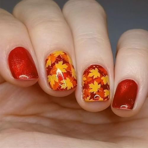 Cat Eye Maple Press on Nails 24 Pcs Autumn Maple Leaves Acrylic Fake Nails Short Square Glossy Red Glitter False Nails Gel Glue on Nails Manicure Thanksgiving Stick on Nails for Coquette Women Girls