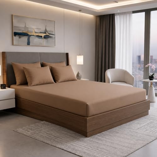 Image of 400TC Cotton Feel Glace Cotton Double Bed Elastic Fitted Bedsheet King Size Set || Includes 1 Solid Plain Fitted Bedsheet King Size with 2 Pillow Covers (78 x 72 Inches, Cocoa)