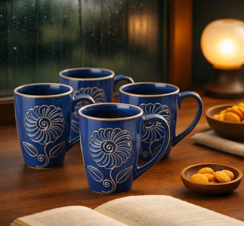 Image of KITTENS Handcrafted Blue Floral Ceramic Coffee Mugs Set of 4 - 330 ml Studio Finish Tea & Coffee Cups, Microwave & Dishwasher Safe - Premium Gift for Housewarming & Special Occasions
