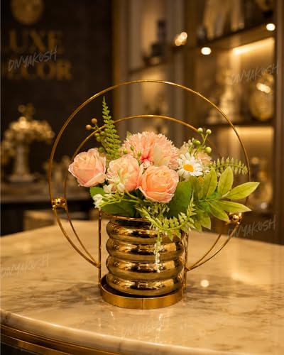 Image of Divyakosh Artificial Flower Vase, Metal Golden Ring with Pre Fixed Flowers, Gift Item, Showpiece | Home Decoration Items for Living Room | Aesthetic Home Decor, Vase for Home Decor'