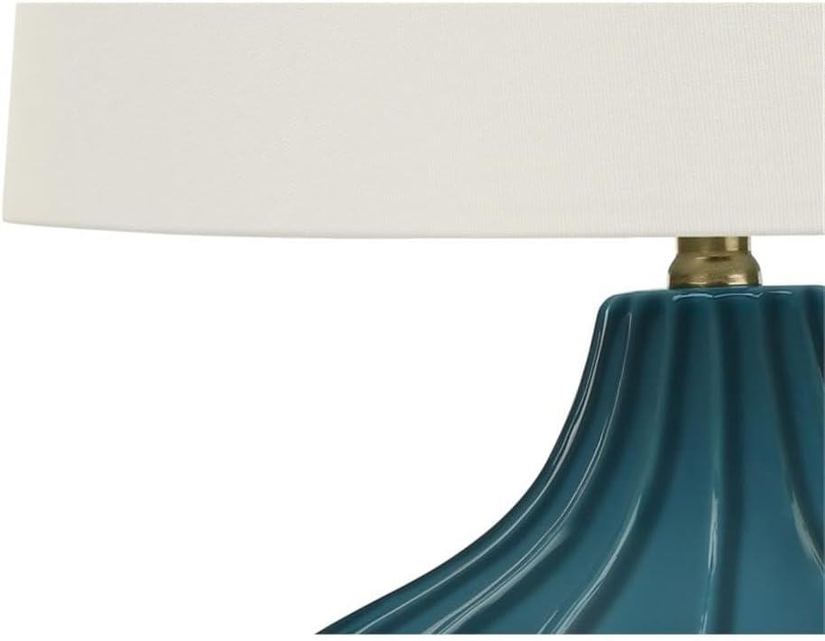 Pemberly Row 24" Blue Ceramic Table Lamp, Curved Design with Ivory Linen Shade, 3-Way Switch, Gold Metal Finial, 6ft Transparent Cord, Transitional Accent for Living Room, Bedroom, or Office