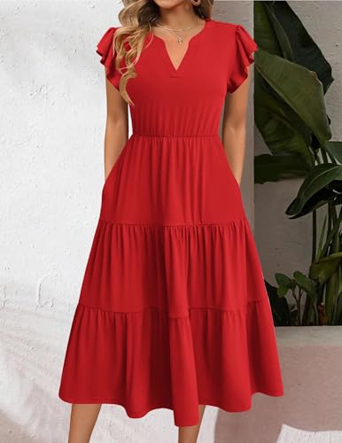 Image of ZEAGOO Womens Summer Casual Dresses Ruffle Sleeve V Neck Midi Dress Flowy Tiered Dress with Pockets Boho Sundresses